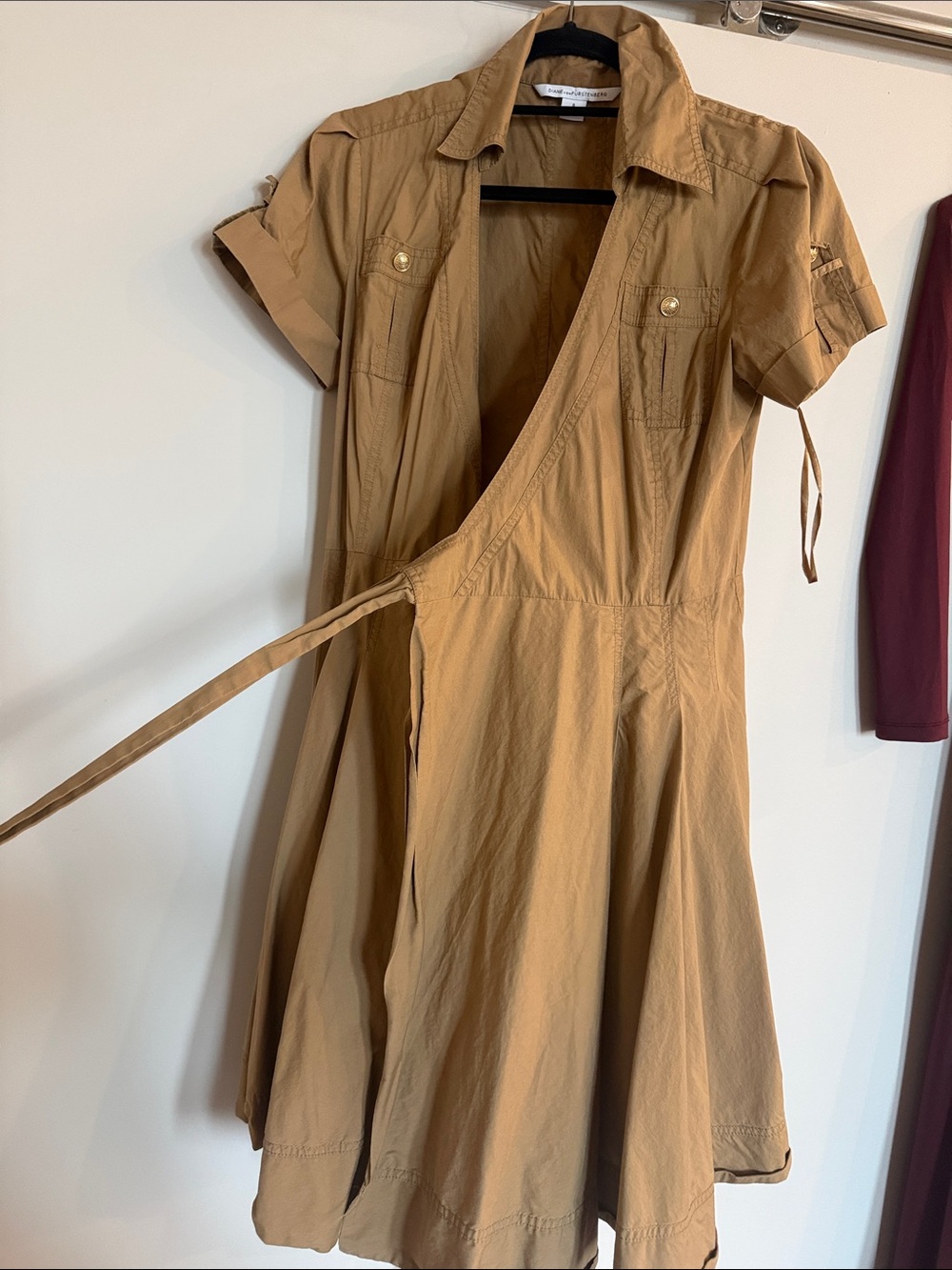Diane Von Furstenberg Tan Khaki Short-Sleeve Wrap Shirtdress